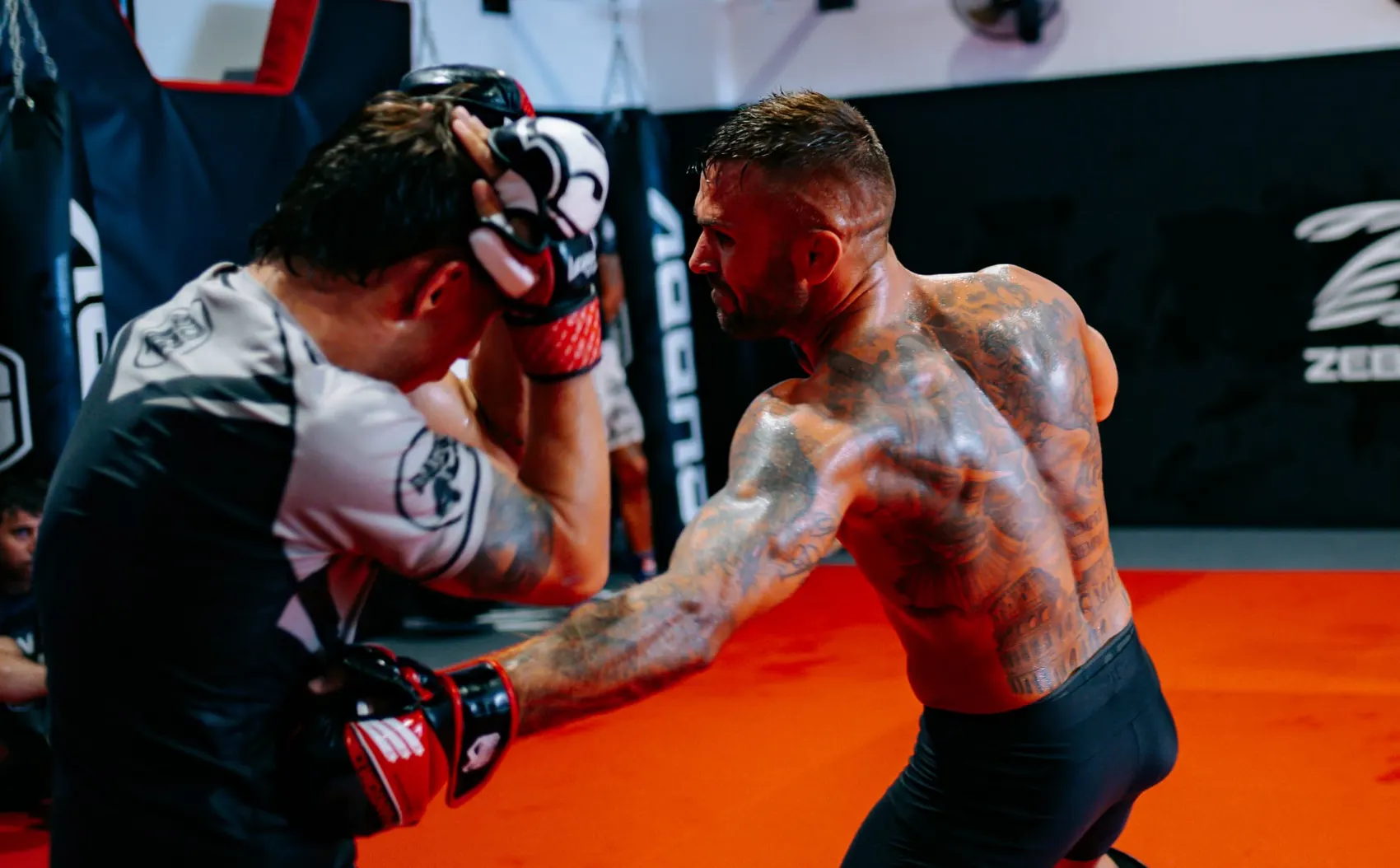 Dos alumnos entrenando golpeo con guantes de MMA